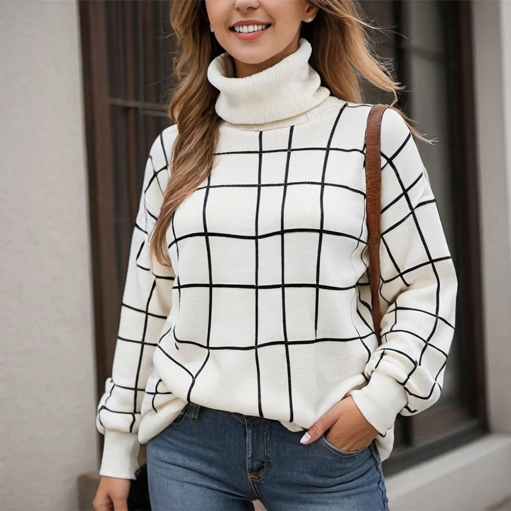 Women's Turtleneck Grid Sweaters Supplier