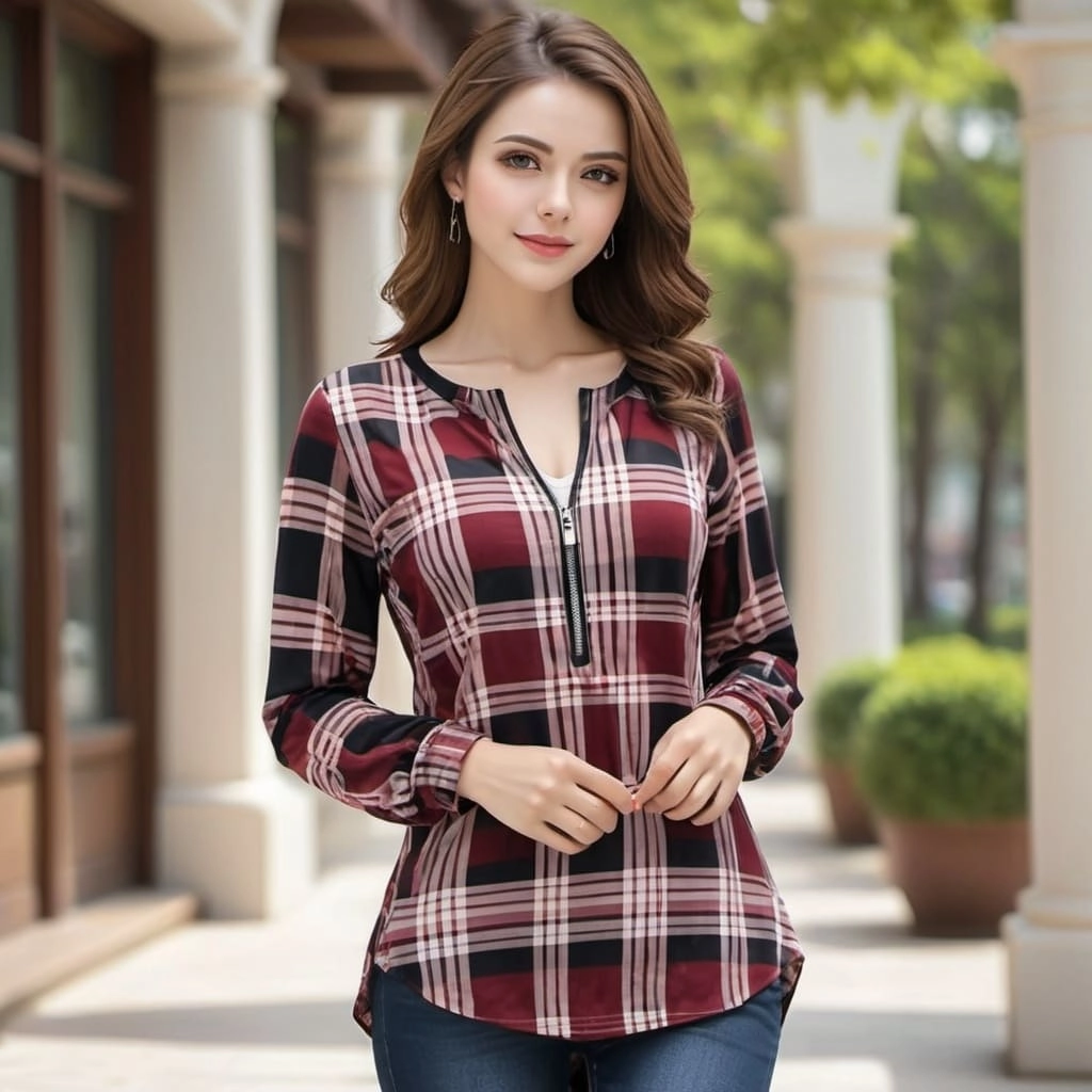 Womens V Neck Plaid Tunic Blouses Exporter