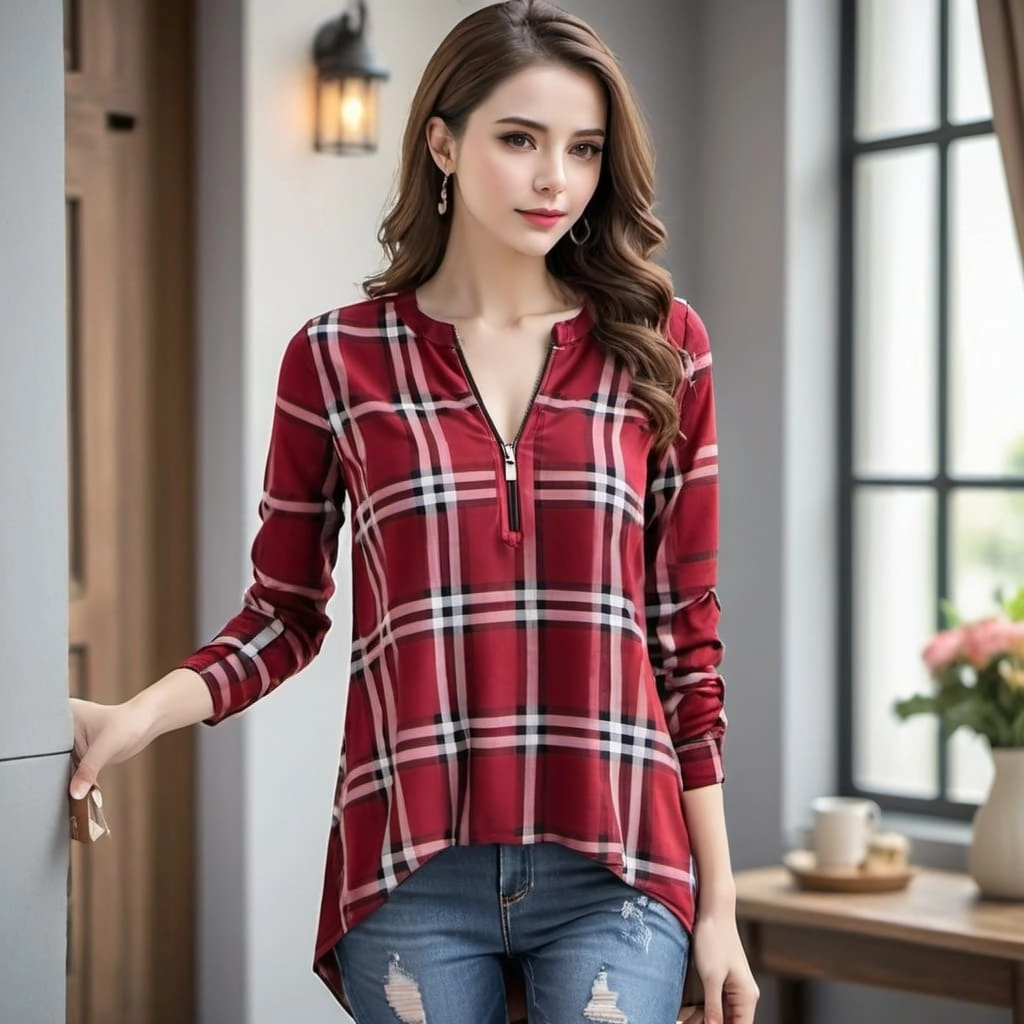 Womens V Neck Plaid Tunic Blouses Manufacturer