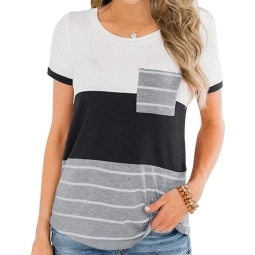 Women S Short Sleeve Round Neck T Shirts Triple Color Block Striped Tunic Tops With Pocket