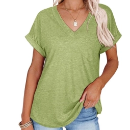 Womens V Neck Rolled Sleeve Shirt Athletic T Shirt Loose Casual Tunic Tops Tees With Pocke